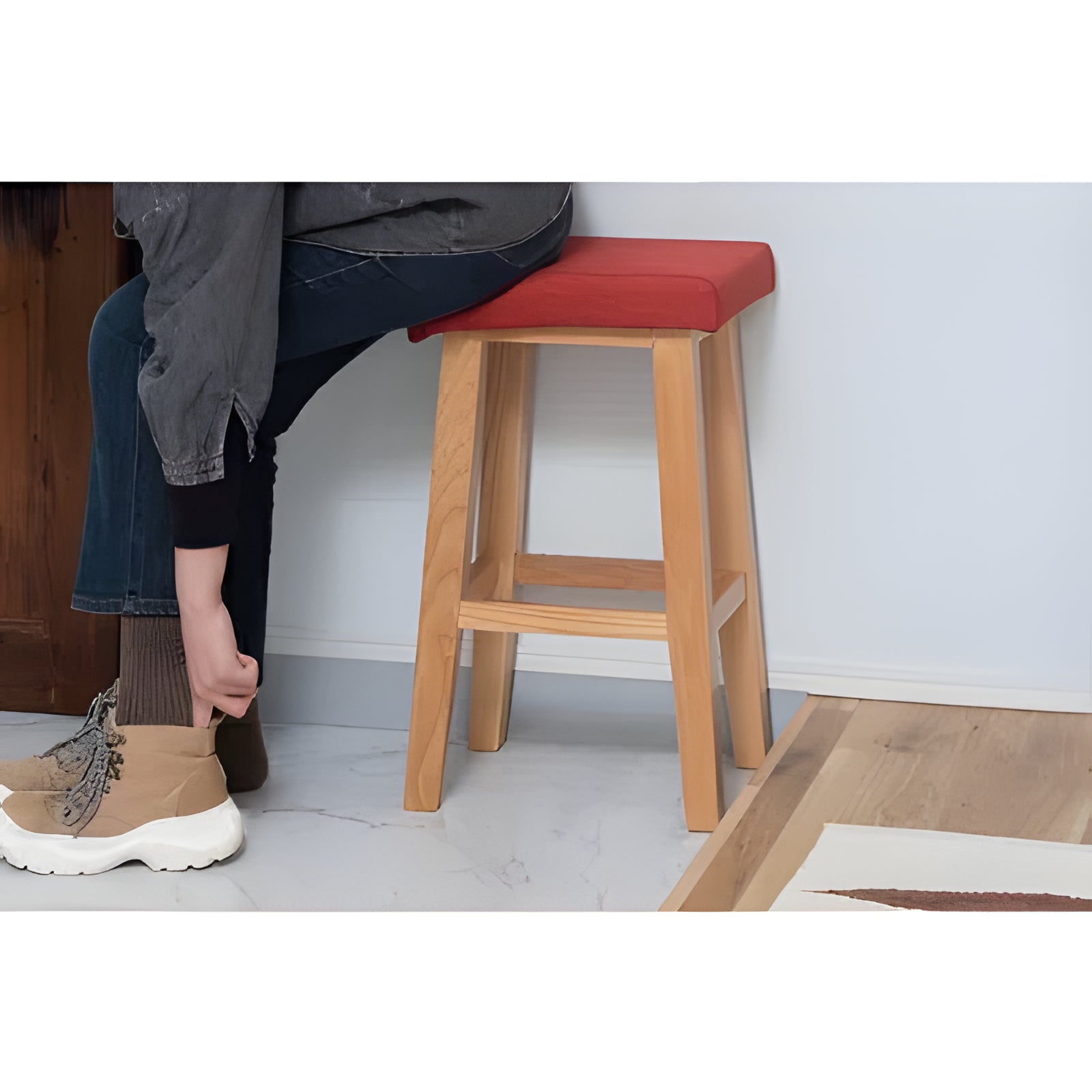 ハイスツール 1脚 カウンターチェア 椅子 天然木 布 ファブリック 足置き フットレスト付き 完成品