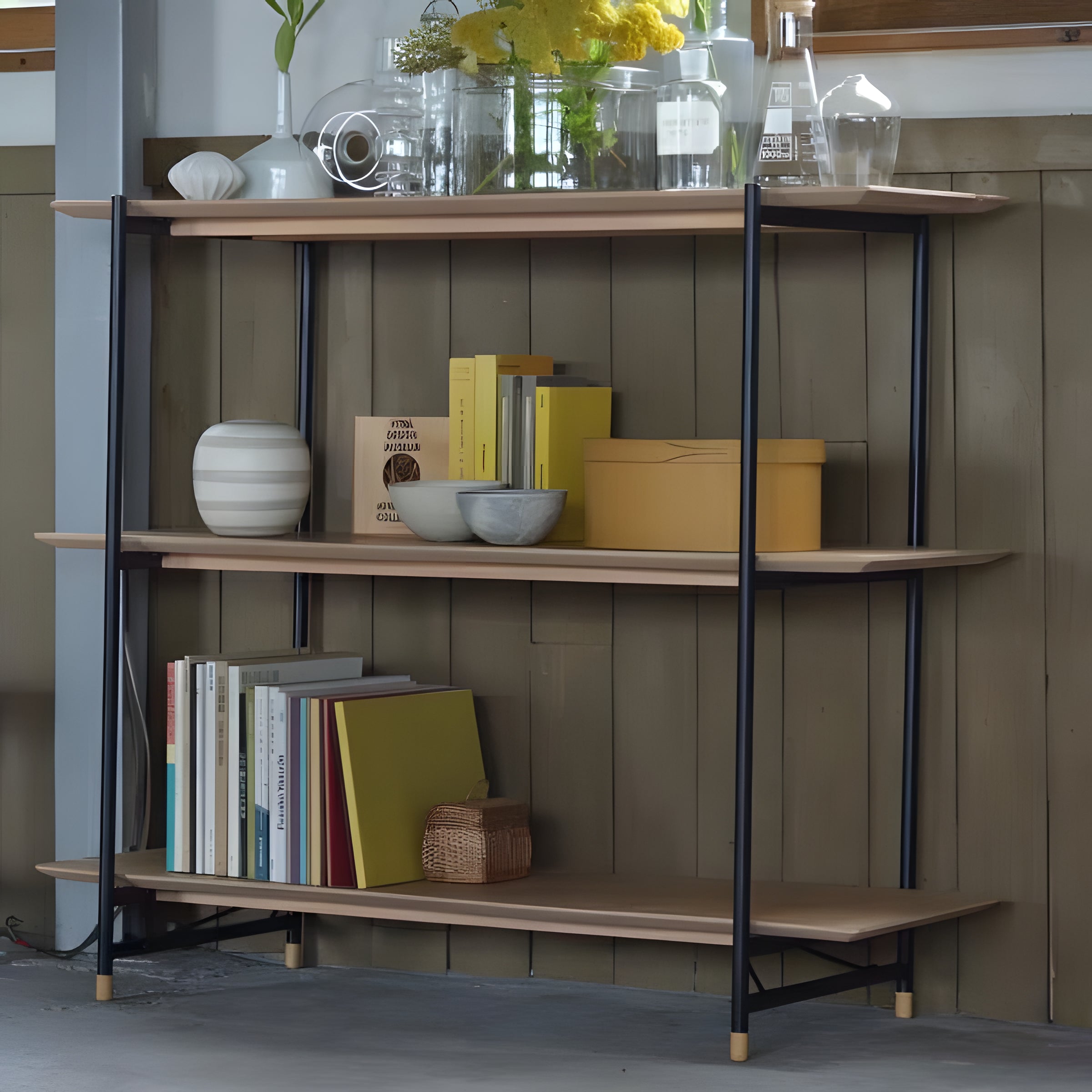 棚 ラック 3段 幅110 天然木 スチール オープンラック 収納 オープンシェルフ キッチン リビング スタイリッシュ スリム 薄型