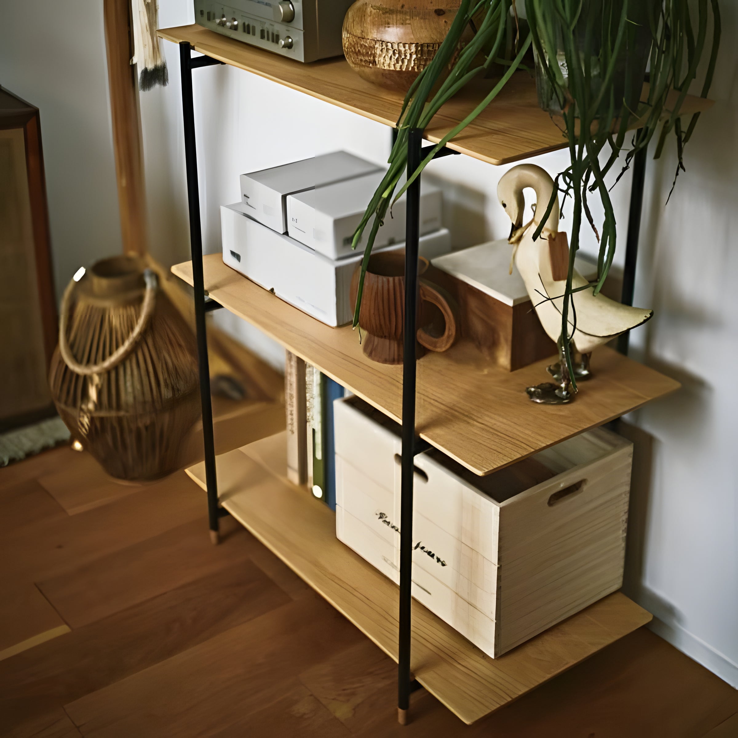 棚 ラック 3段 幅110 天然木 スチール オープンラック 収納 オープンシェルフ キッチン リビング スタイリッシュ スリム 薄型