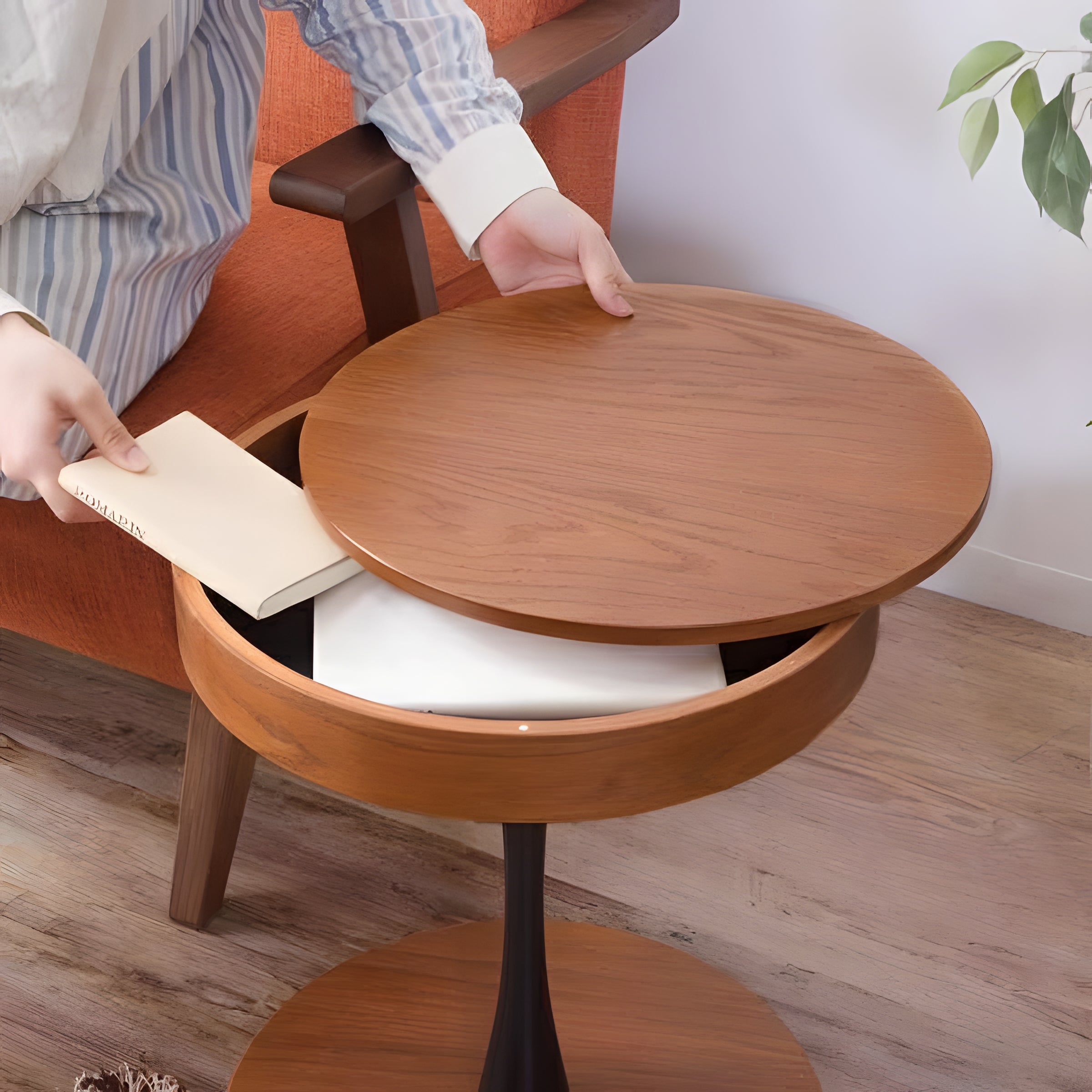 サイドテーブル 丸型 円形 ラウンドテーブル 幅40 コンパクト ミニテーブル 収納付 天然木 ソファサイド ソファ横 高見え